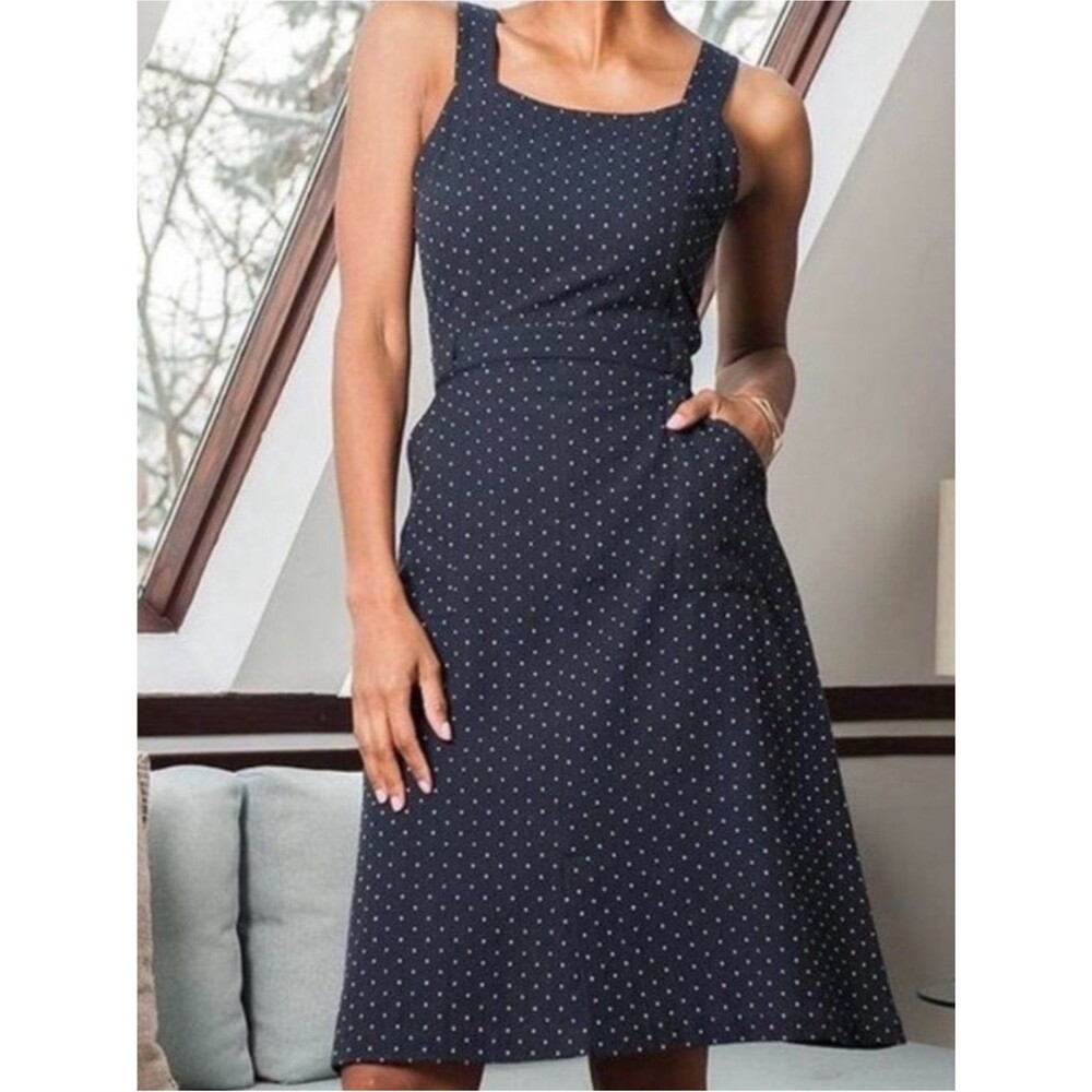 Mata Traders Navy Dot Pinafore Dress Small S Overall Apron Midi Cottagecore Mod